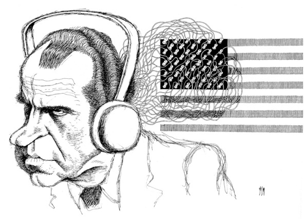 This cartoon represents Nixon  wiretapping the other party's information.